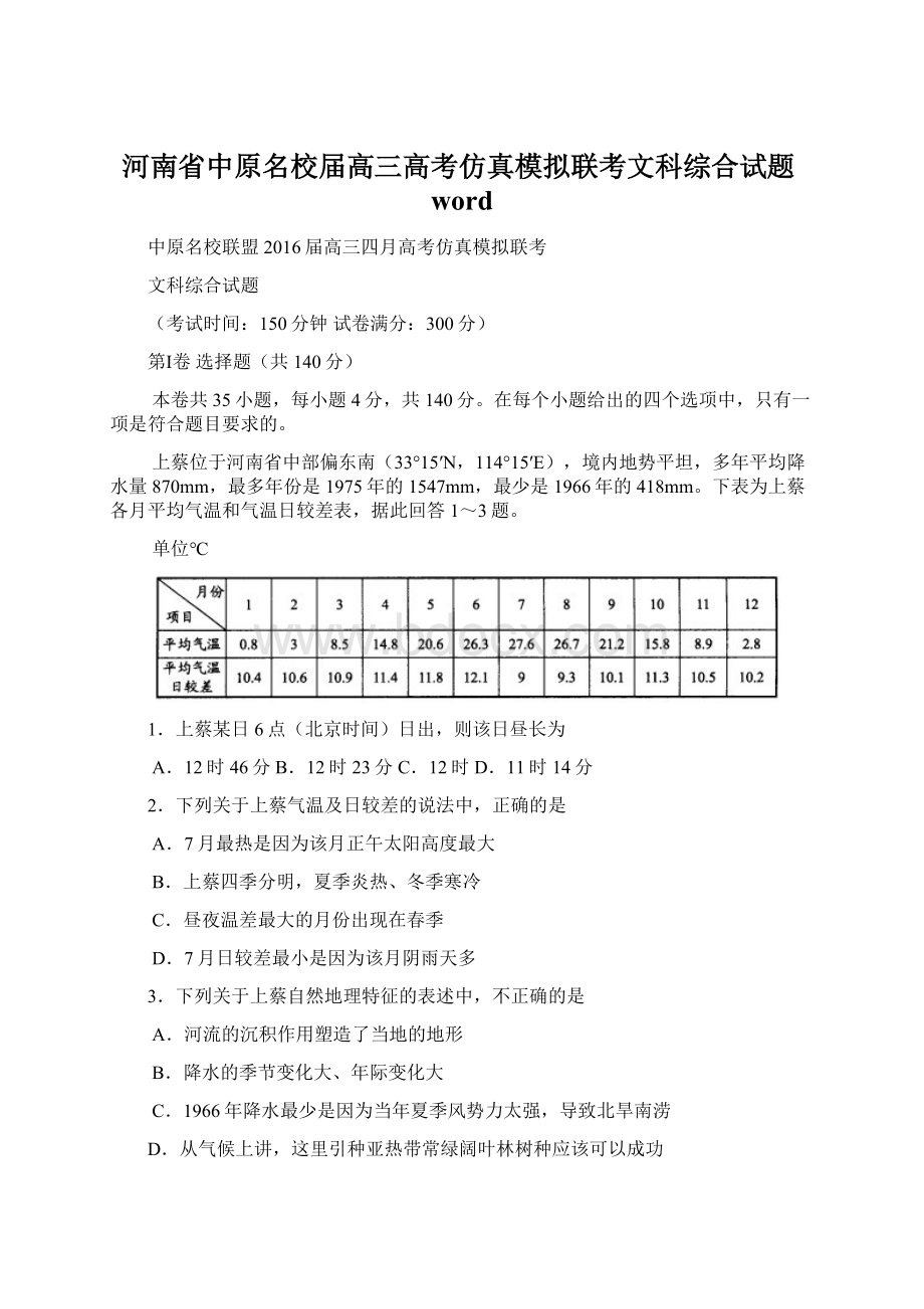 河南省中原名校届高三高考仿真模拟联考文科综合试题wordWord格式.docx_第1页