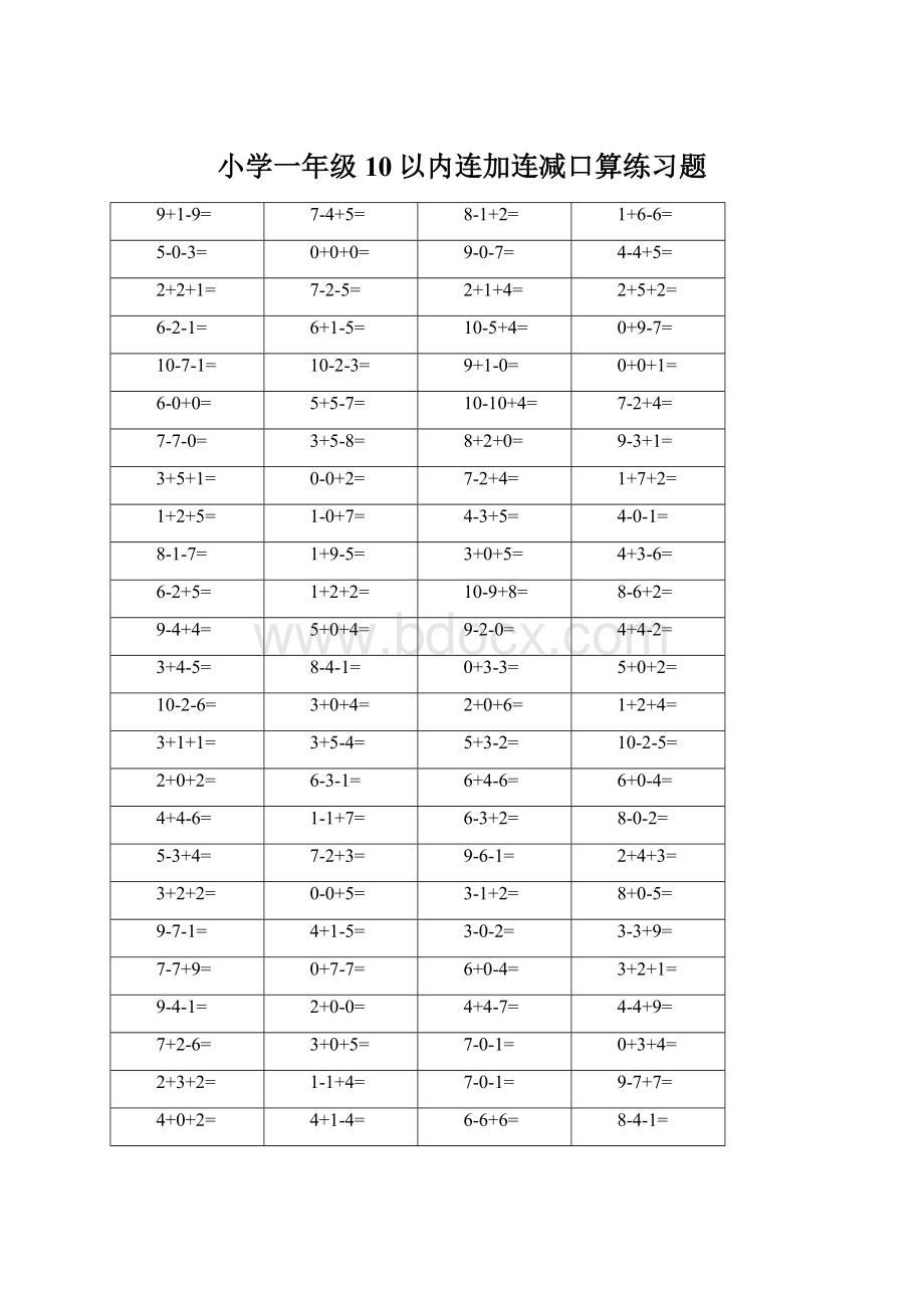 小学一年级10以内连加连减口算练习题Word下载.docx