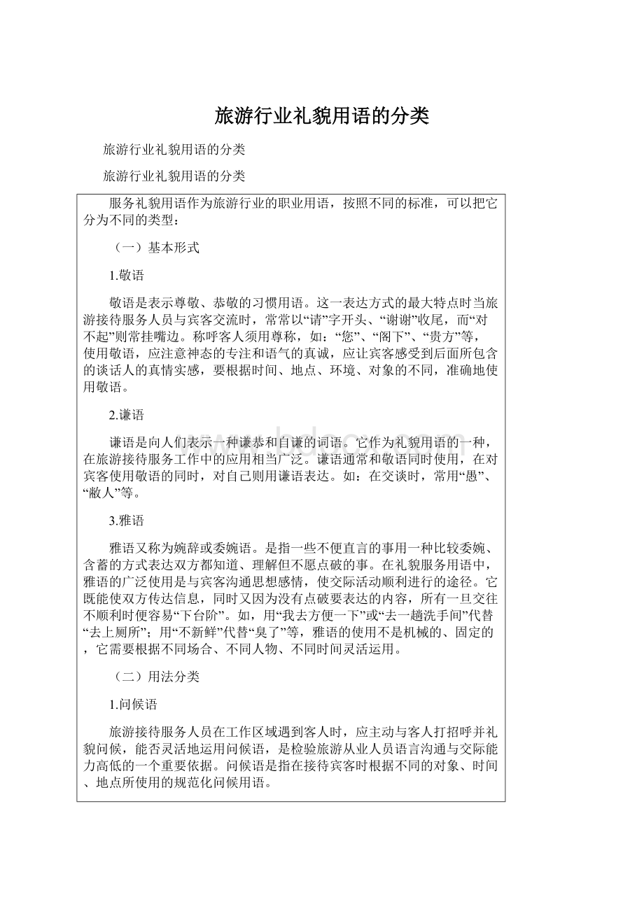 旅游行业礼貌用语的分类Word格式文档下载.docx_第1页