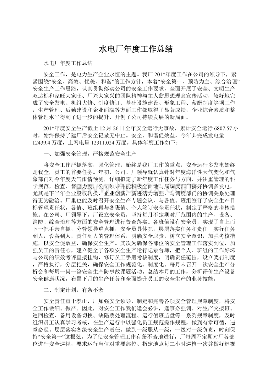 水电厂年度工作总结Word文件下载.docx