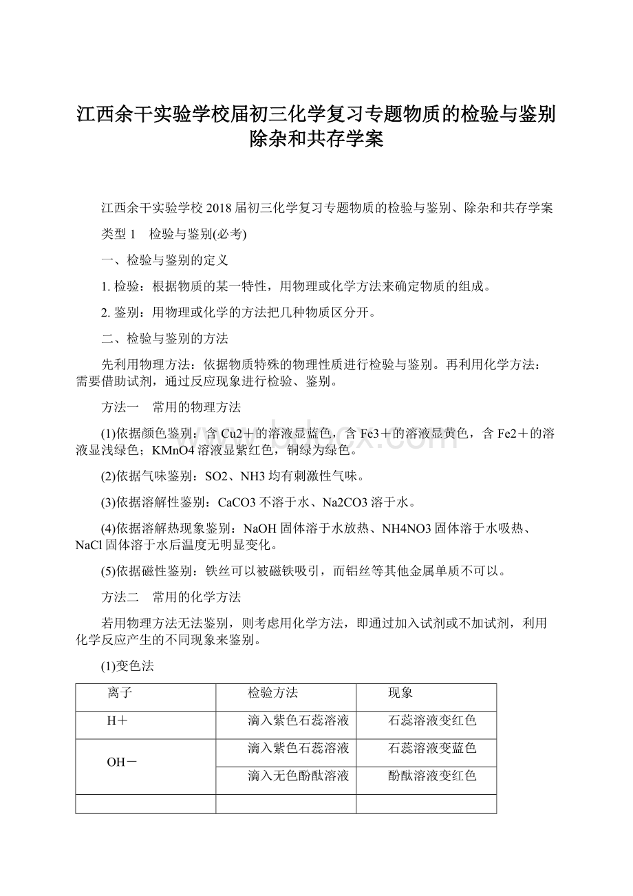 江西余干实验学校届初三化学复习专题物质的检验与鉴别除杂和共存学案Word文档下载推荐.docx