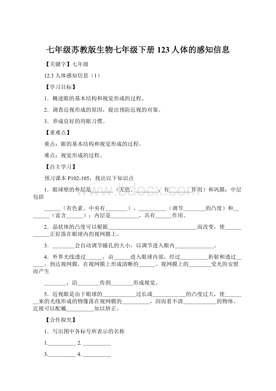 七年级苏教版生物七年级下册123人体的感知信息Word下载.docx