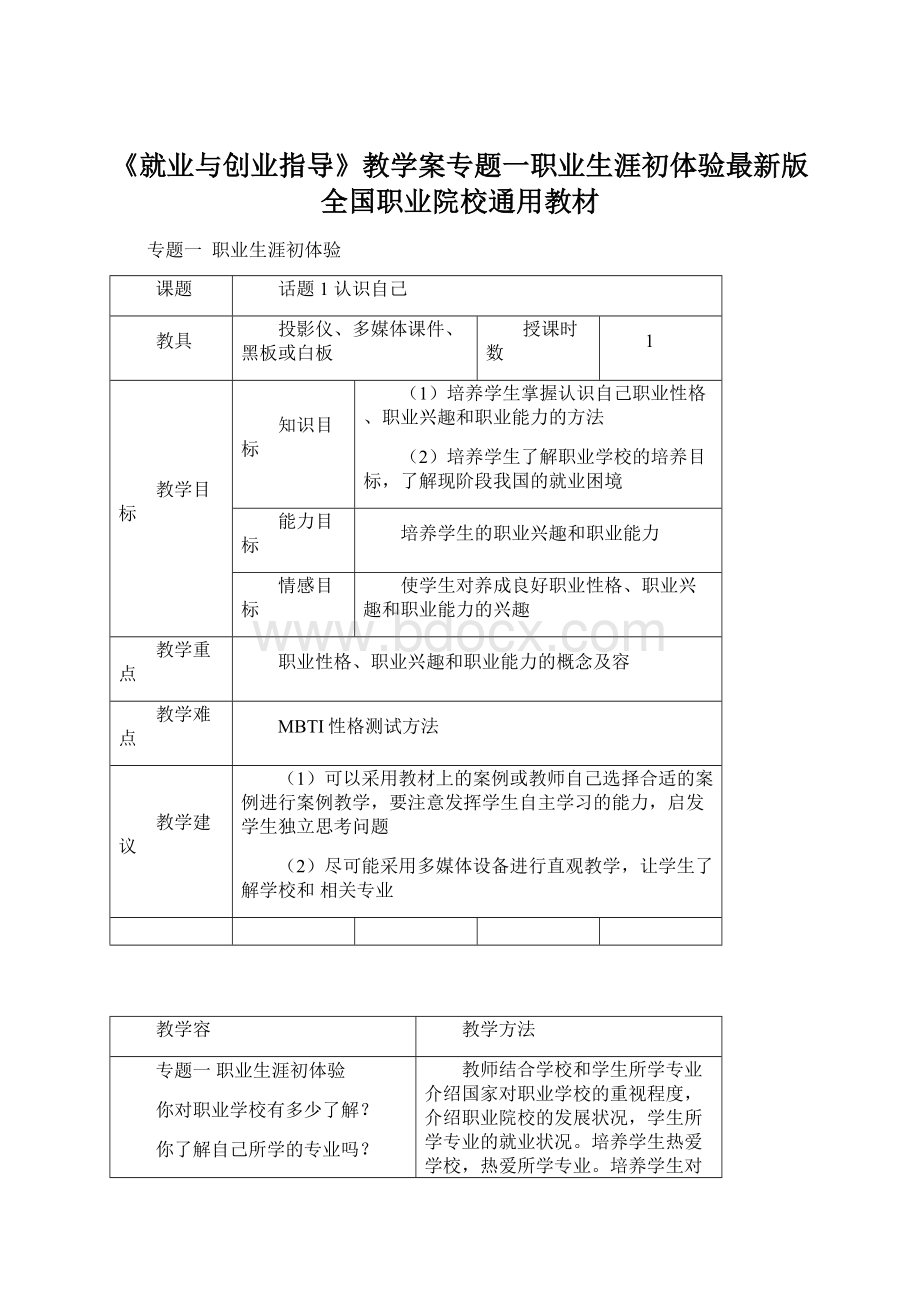 《就业与创业指导》教学案专题一职业生涯初体验最新版全国职业院校通用教材Word下载.docx_第1页