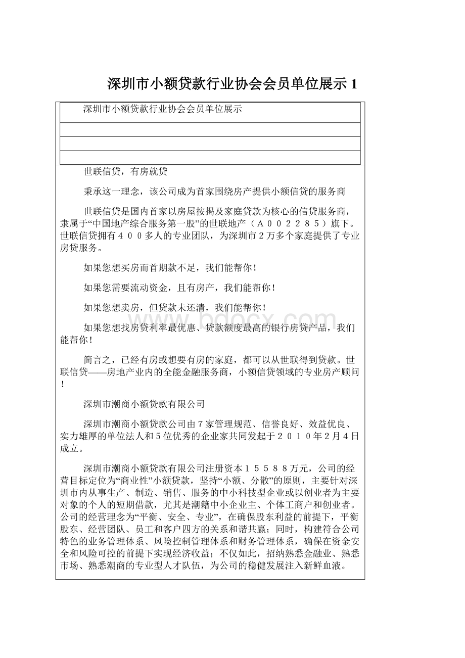 深圳市小额贷款行业协会会员单位展示1Word格式.docx