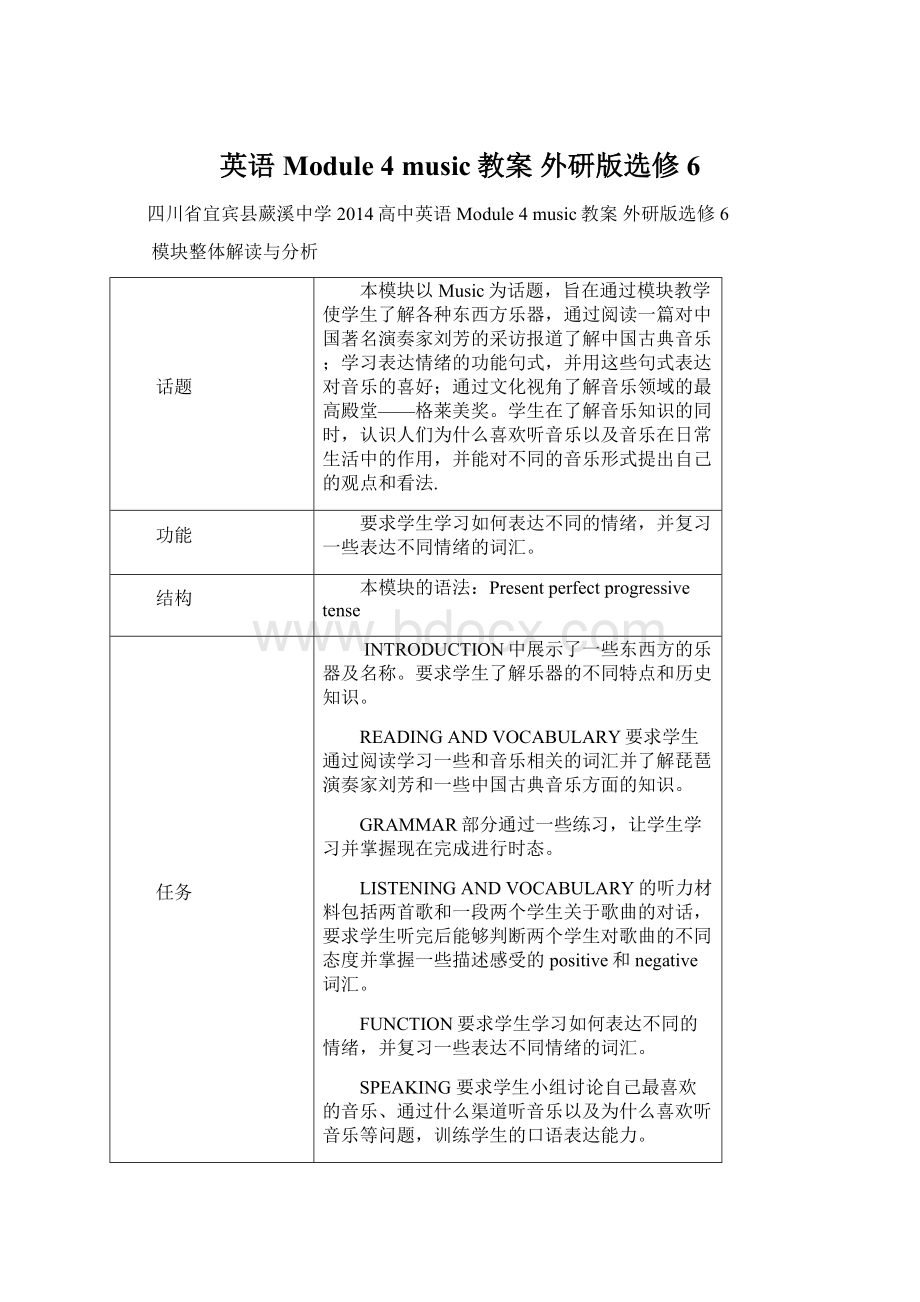 英语 Module 4 music教案 外研版选修6Word文档格式.docx_第1页