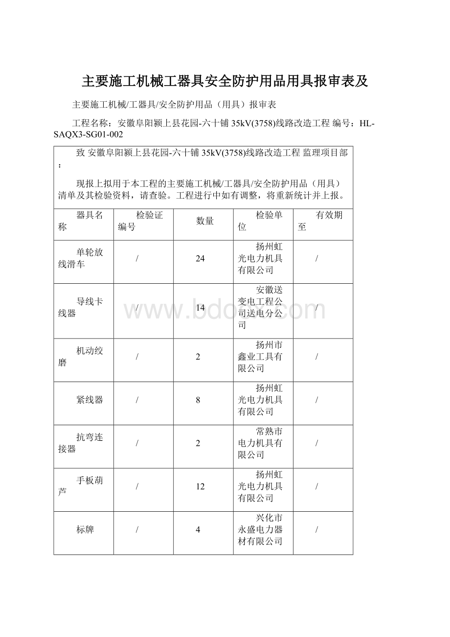 主要施工机械工器具安全防护用品用具报审表及.docx_第1页