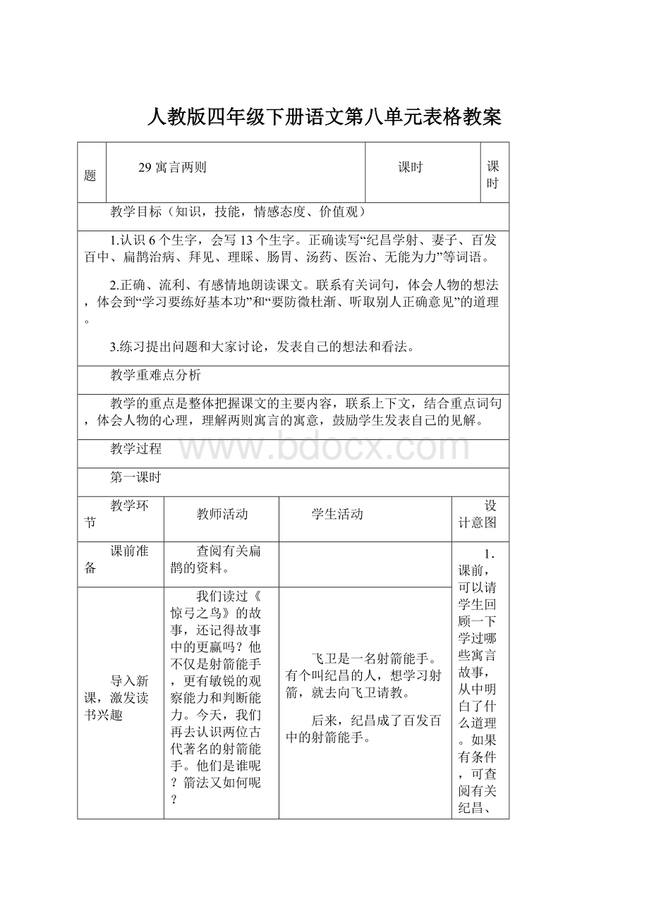 人教版四年级下册语文第八单元表格教案Word格式文档下载.docx