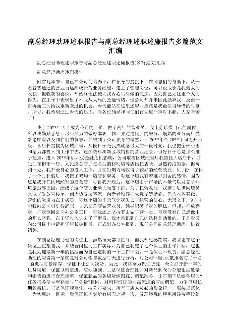 副总经理助理述职报告与副总经理述职述廉报告多篇范文汇编文档格式.docx_第1页