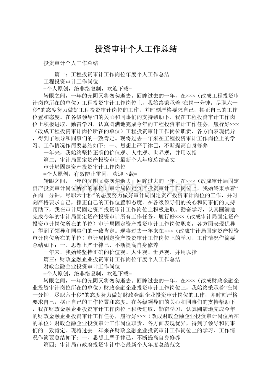 投资审计个人工作总结.docx_第1页