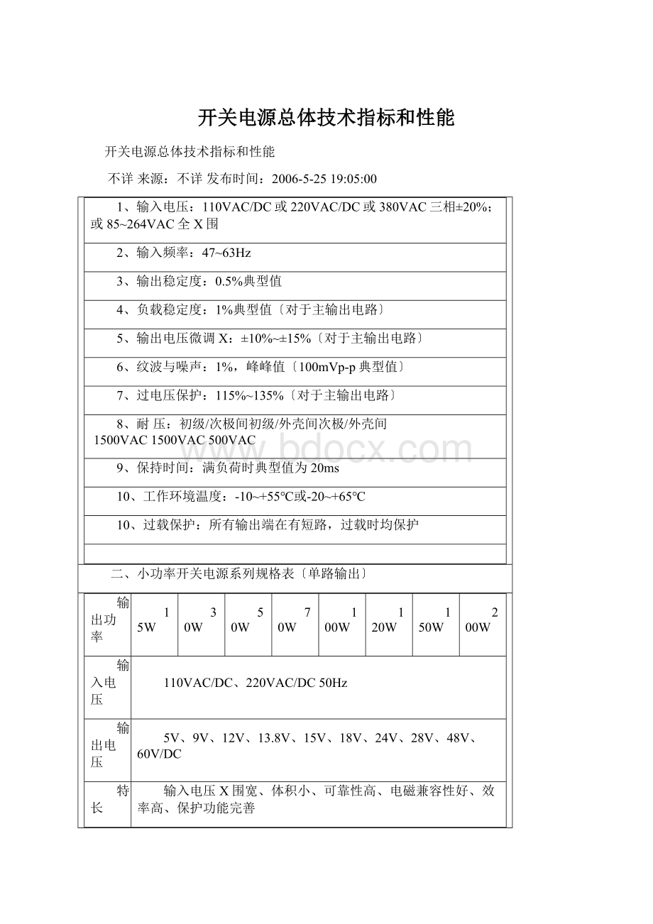 开关电源总体技术指标和性能Word格式.docx