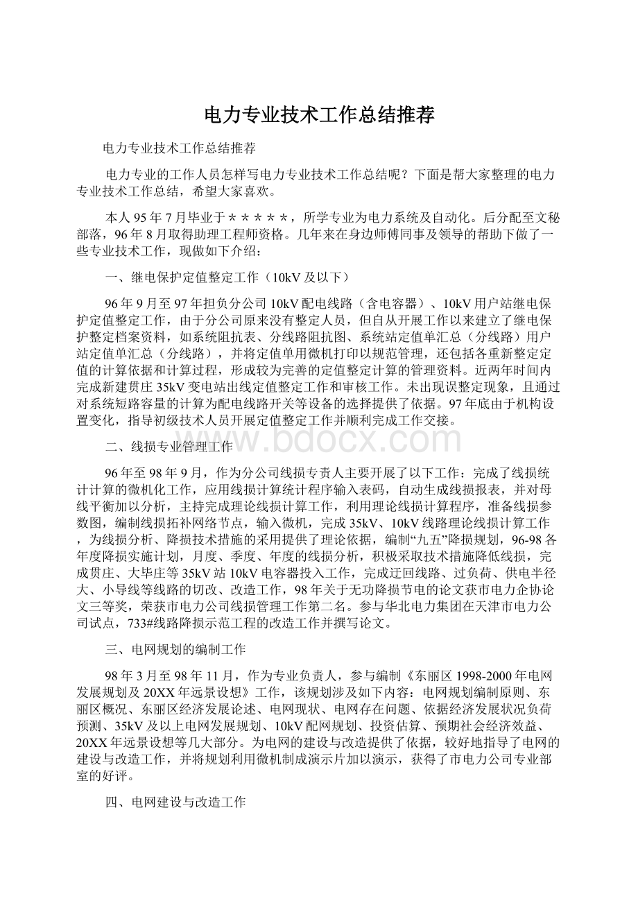 电力专业技术工作总结推荐.docx_第1页