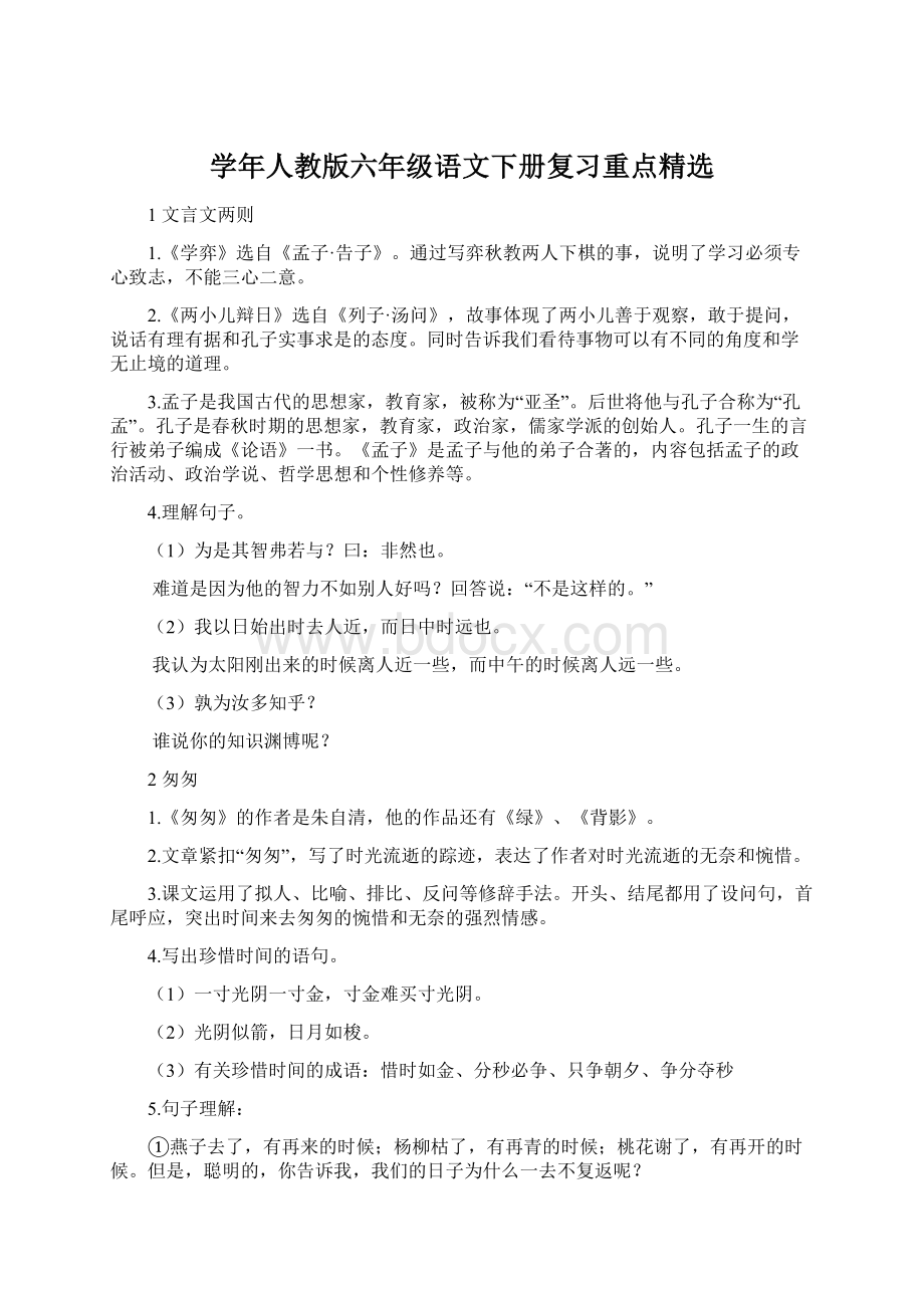 学年人教版六年级语文下册复习重点精选.docx