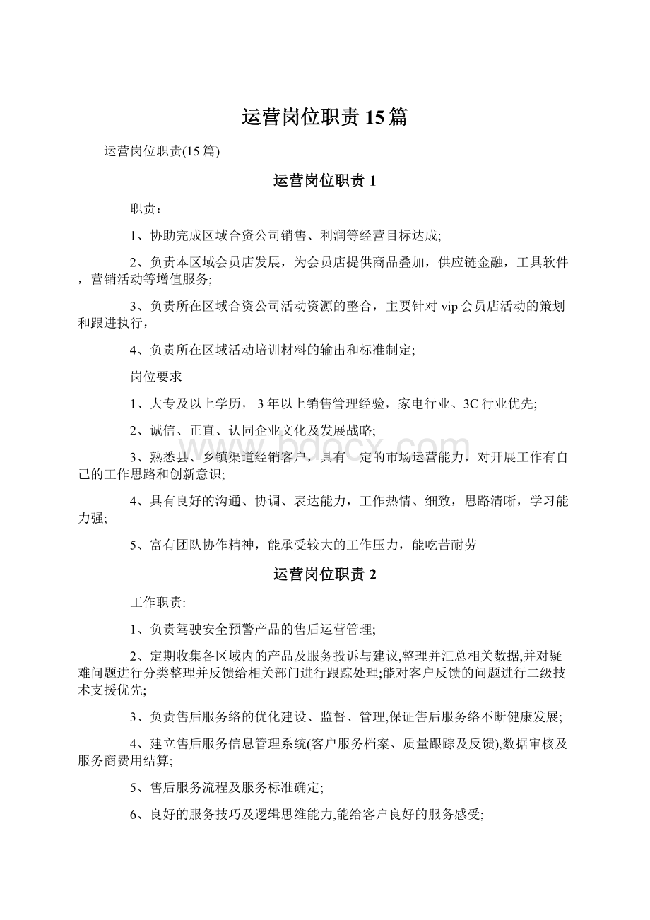 运营岗位职责15篇文档格式.docx_第1页