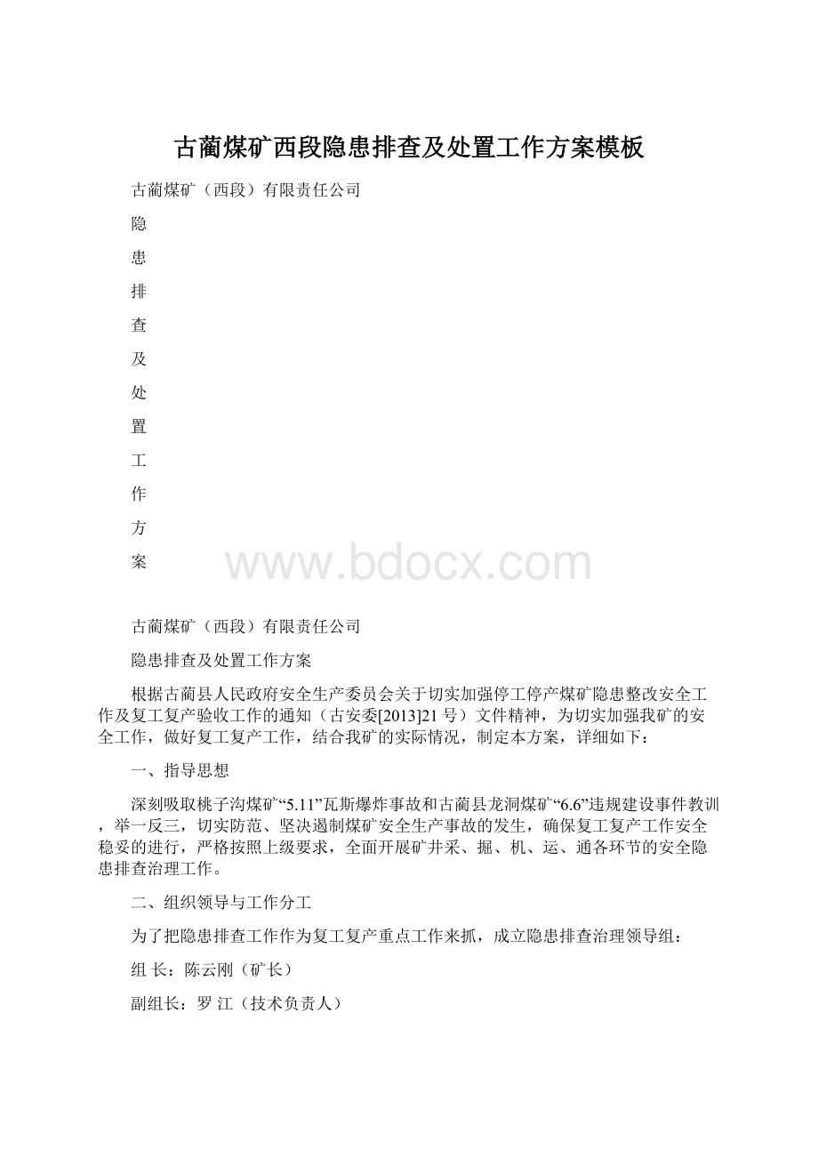 古蔺煤矿西段隐患排查及处置工作方案模板Word文档格式.docx_第1页