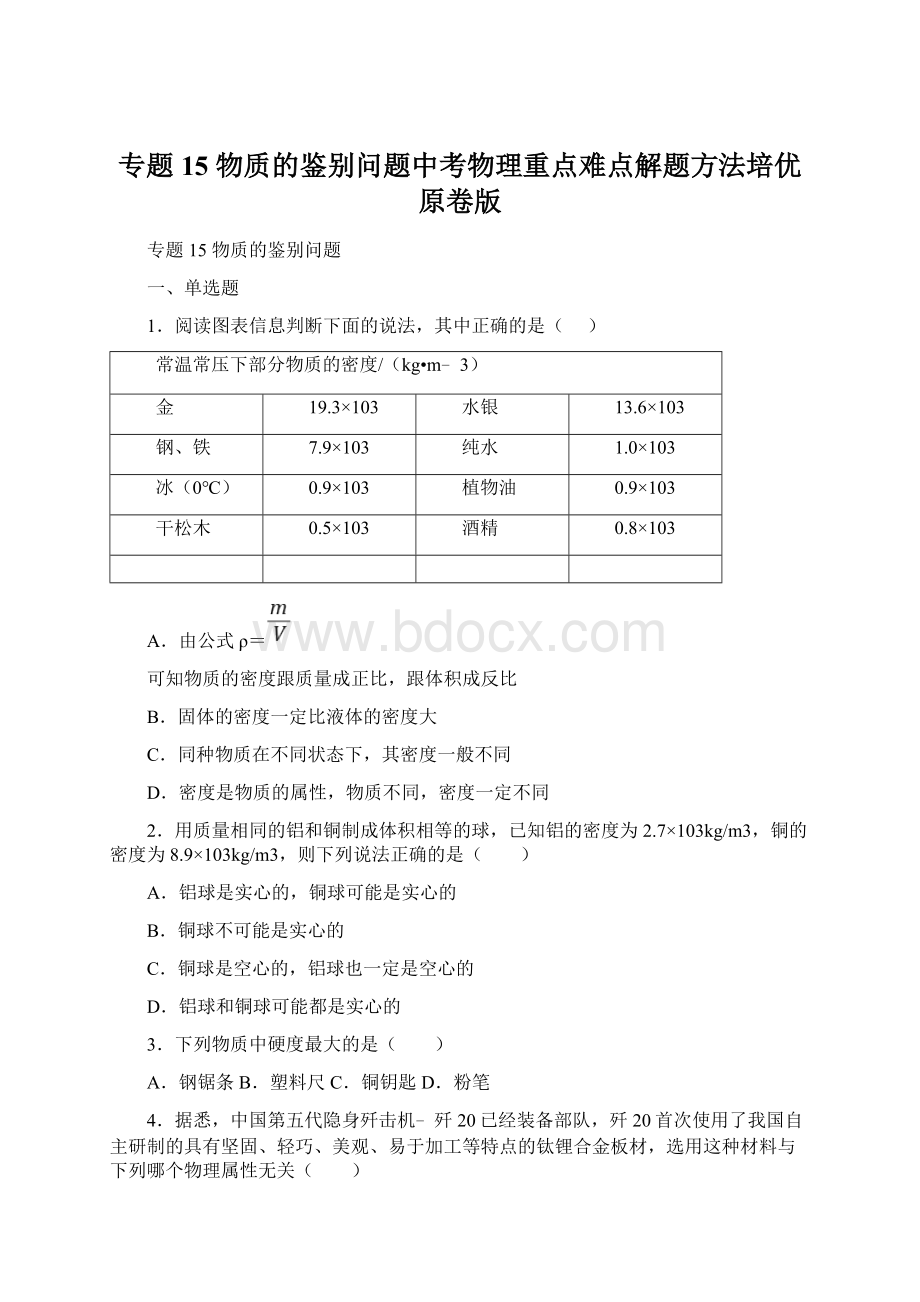 专题15 物质的鉴别问题中考物理重点难点解题方法培优原卷版.docx_第1页