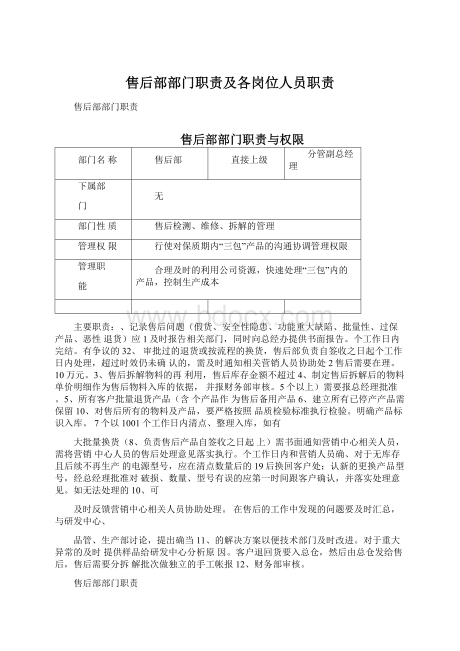 售后部部门职责及各岗位人员职责Word下载.docx_第1页