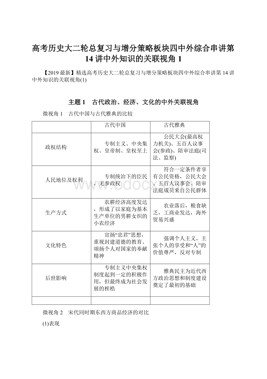 高考历史大二轮总复习与增分策略板块四中外综合串讲第14讲中外知识的关联视角1Word格式文档下载.docx