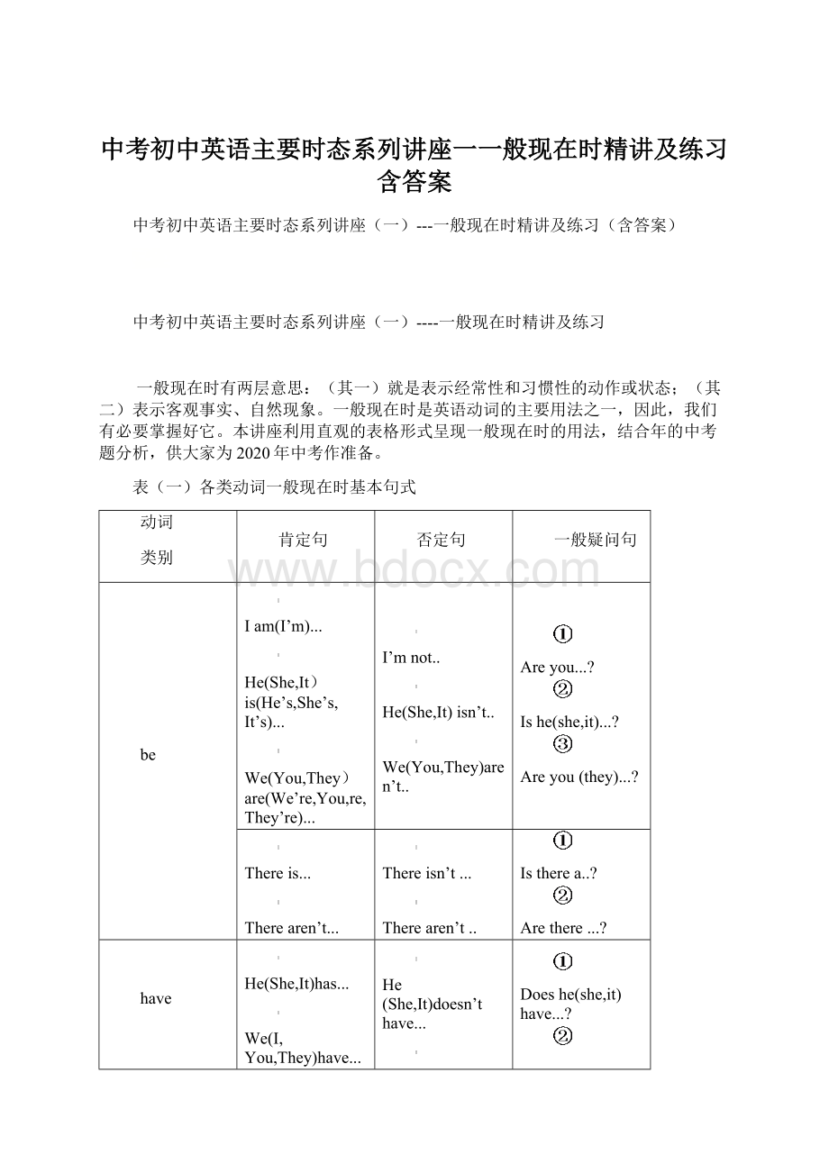 中考初中英语主要时态系列讲座一一般现在时精讲及练习含答案Word下载.docx_第1页