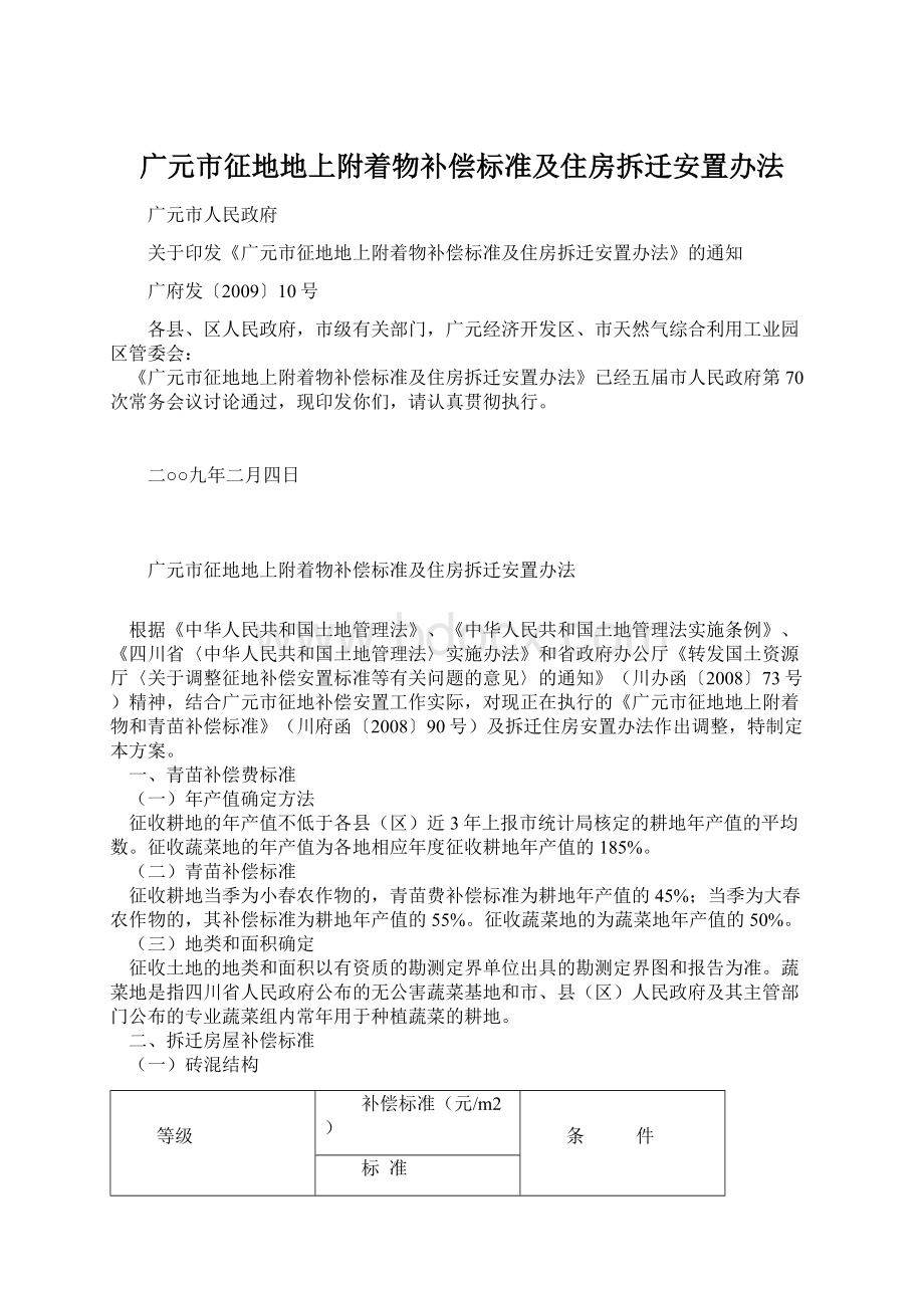 广元市征地地上附着物补偿标准及住房拆迁安置办法Word格式文档下载.docx