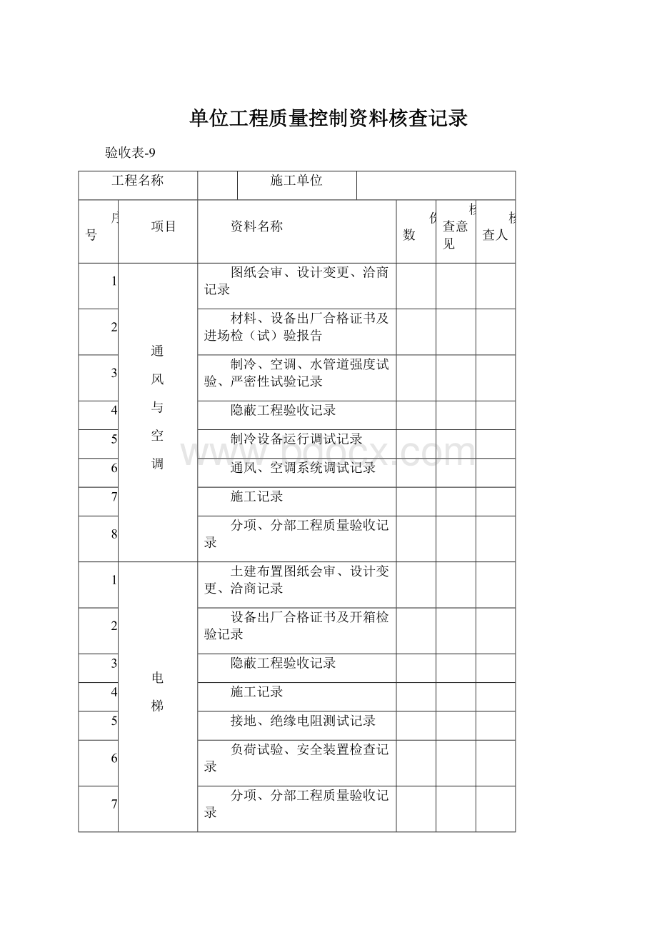 单位工程质量控制资料核查记录Word格式.docx_第1页