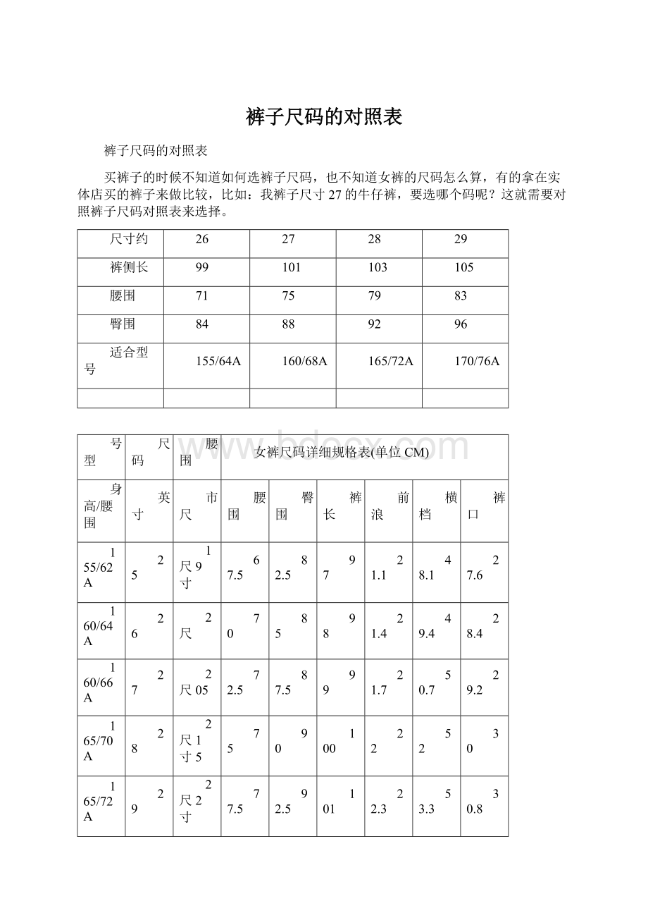 裤子尺码的对照表文档格式.docx