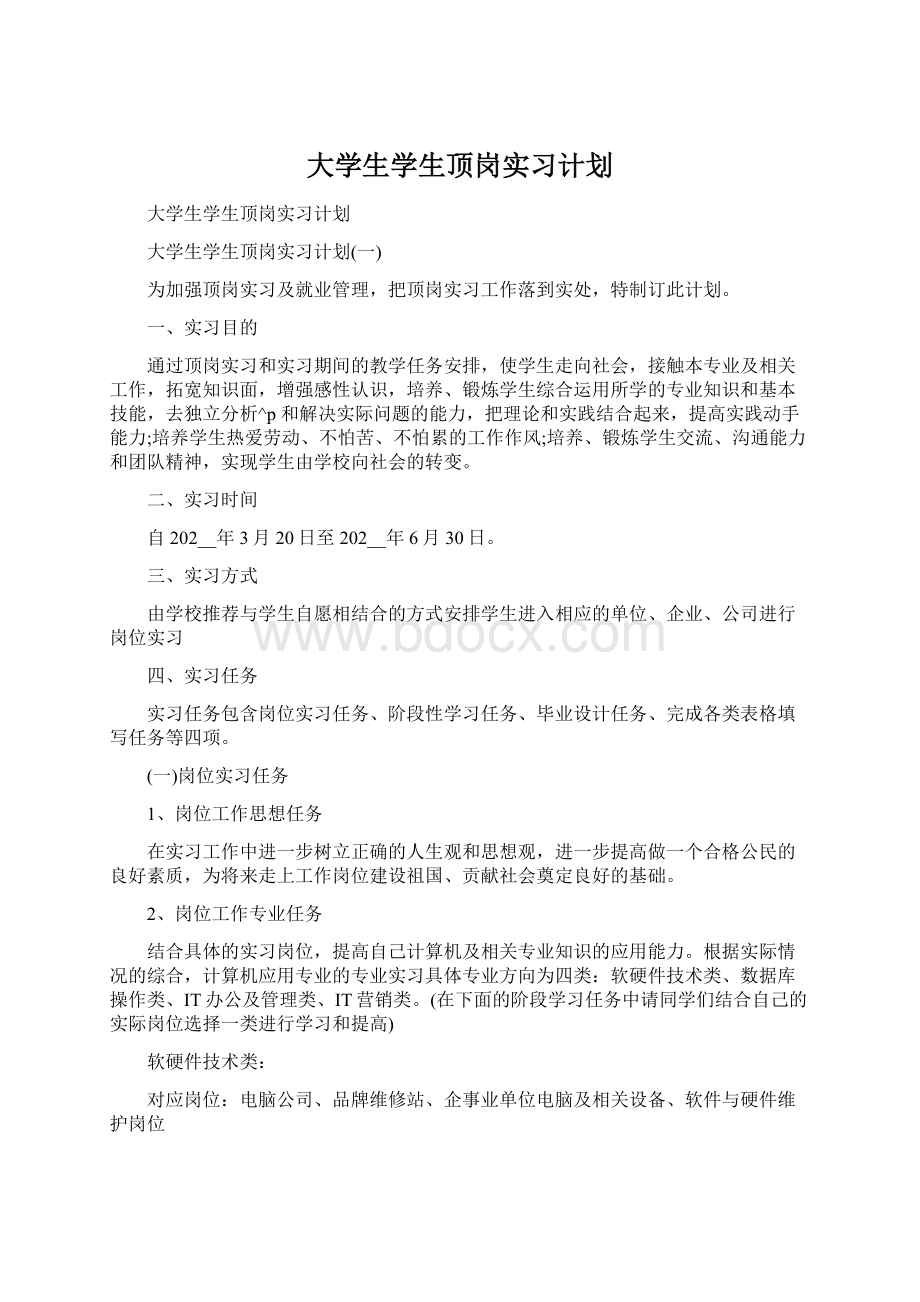 大学生学生顶岗实习计划.docx