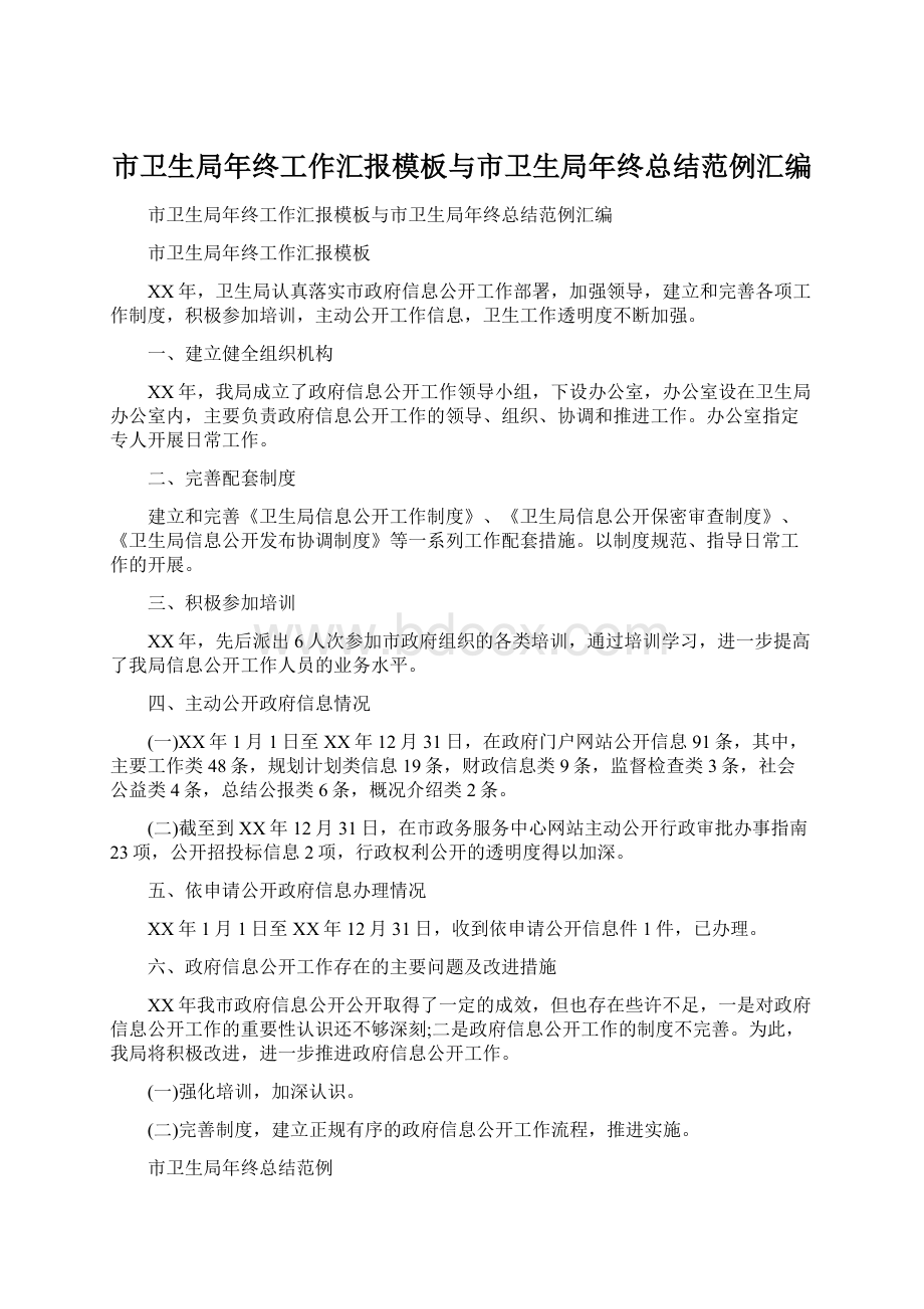 市卫生局年终工作汇报模板与市卫生局年终总结范例汇编.docx