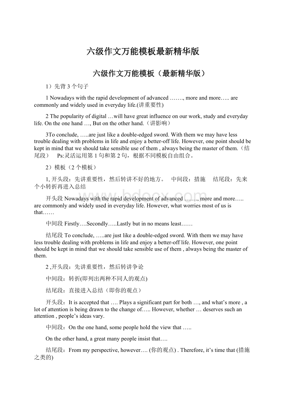 六级作文万能模板最新精华版.docx_第1页