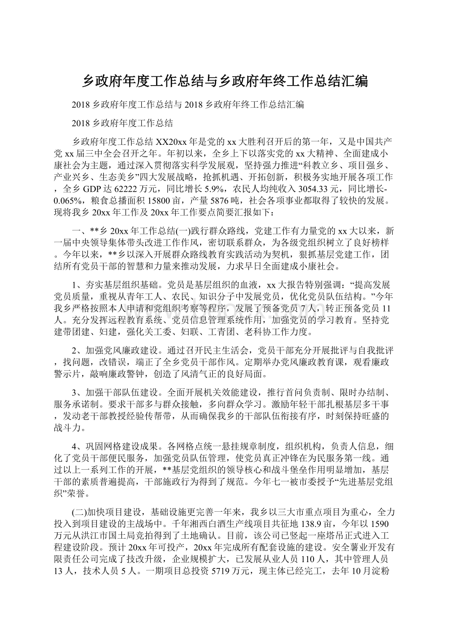 乡政府年度工作总结与乡政府年终工作总结汇编Word下载.docx