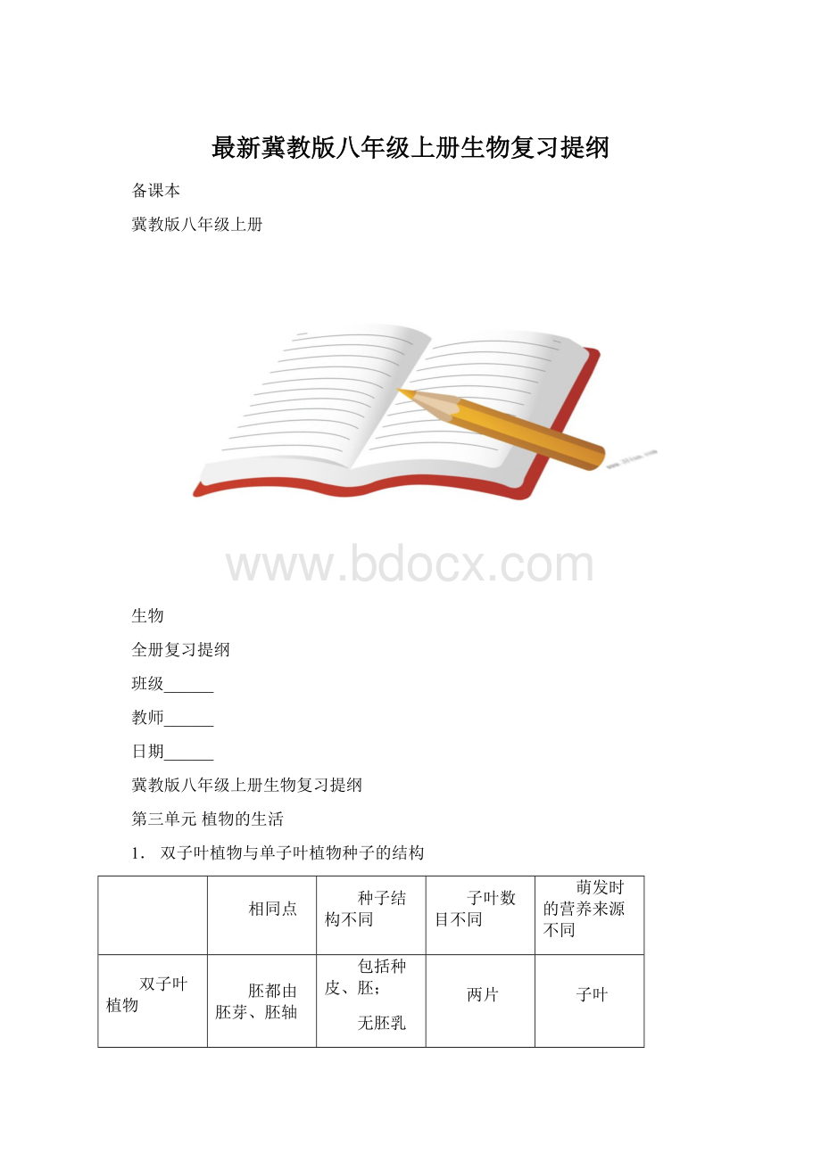 最新冀教版八年级上册生物复习提纲.docx_第1页