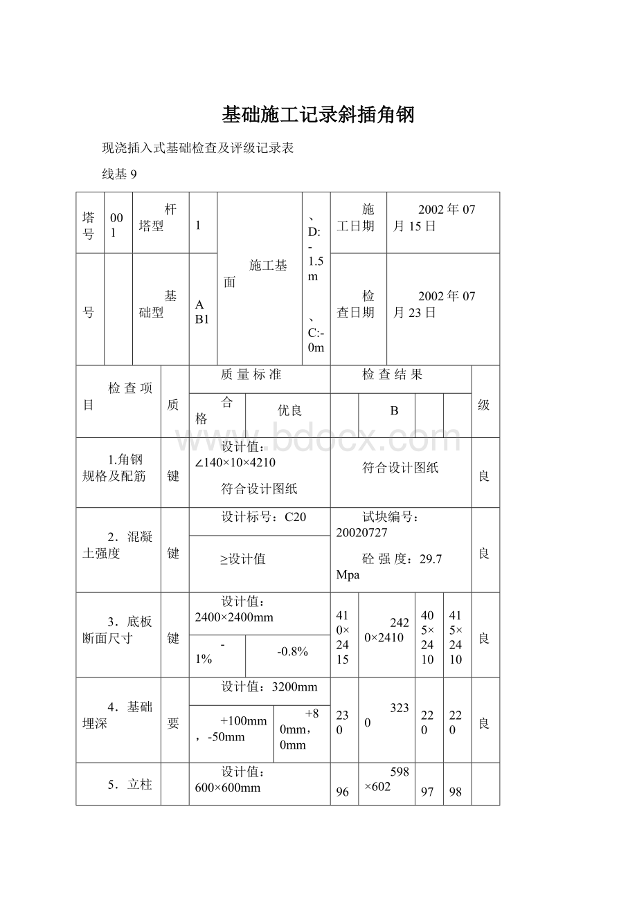 基础施工记录斜插角钢文档格式.docx