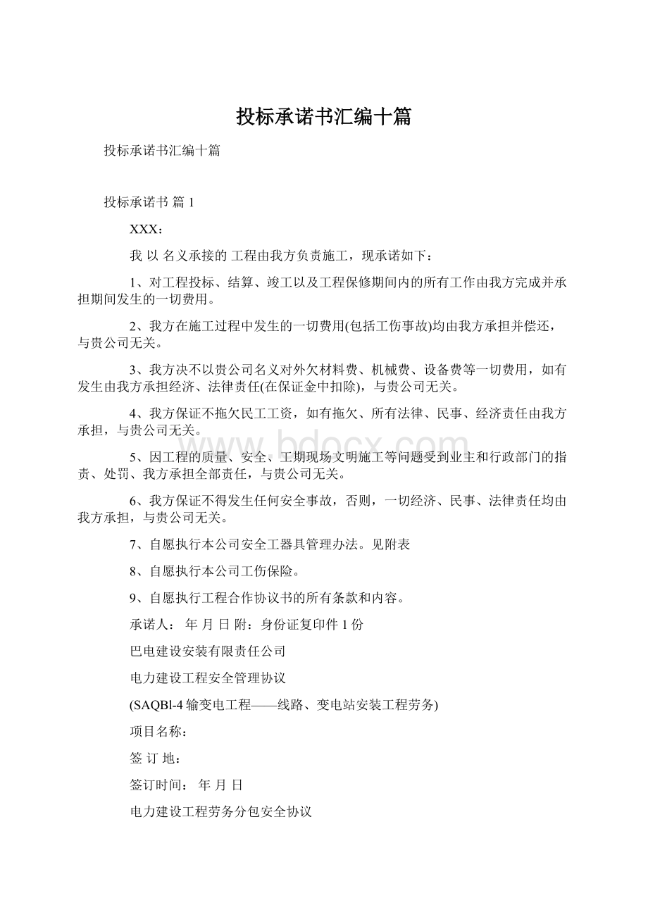 投标承诺书汇编十篇Word下载.docx_第1页