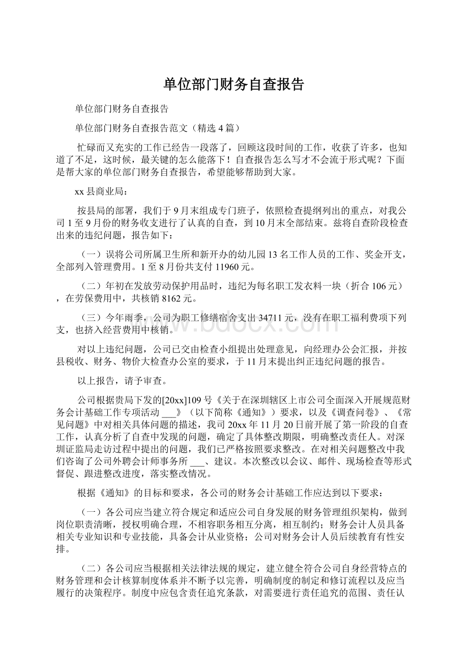 单位部门财务自查报告Word文档下载推荐.docx