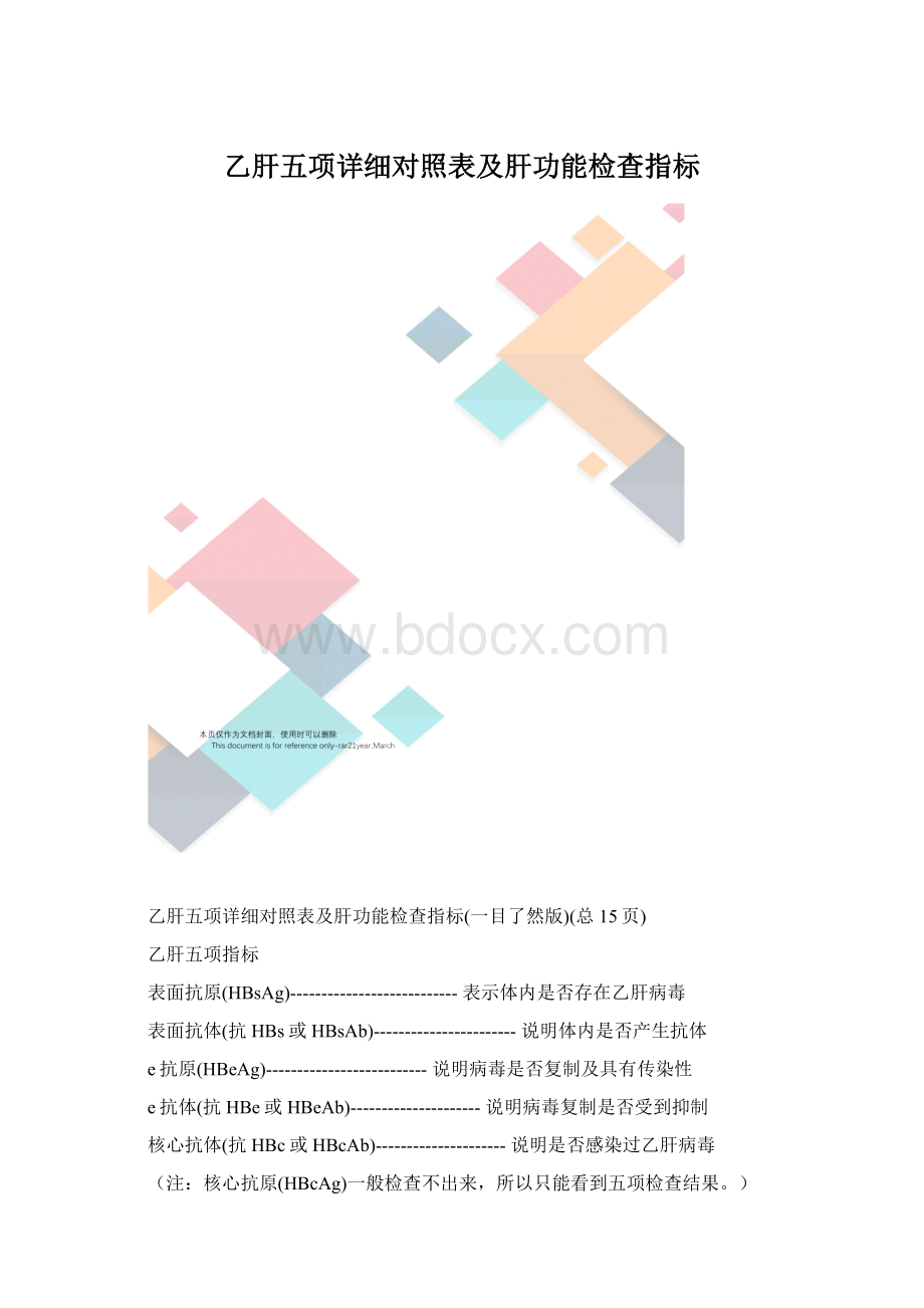 乙肝五项详细对照表及肝功能检查指标Word下载.docx