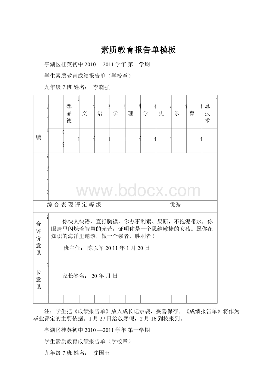 素质教育报告单模板Word下载.docx