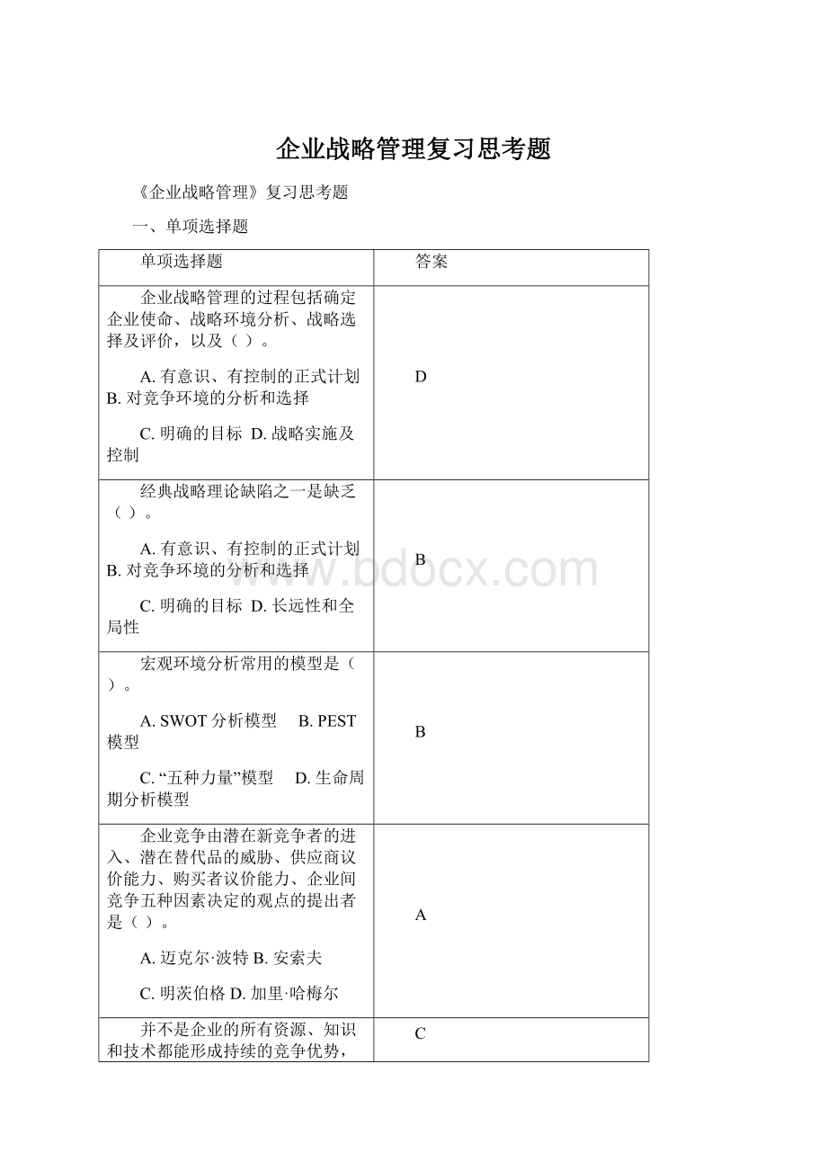 企业战略管理复习思考题Word下载.docx