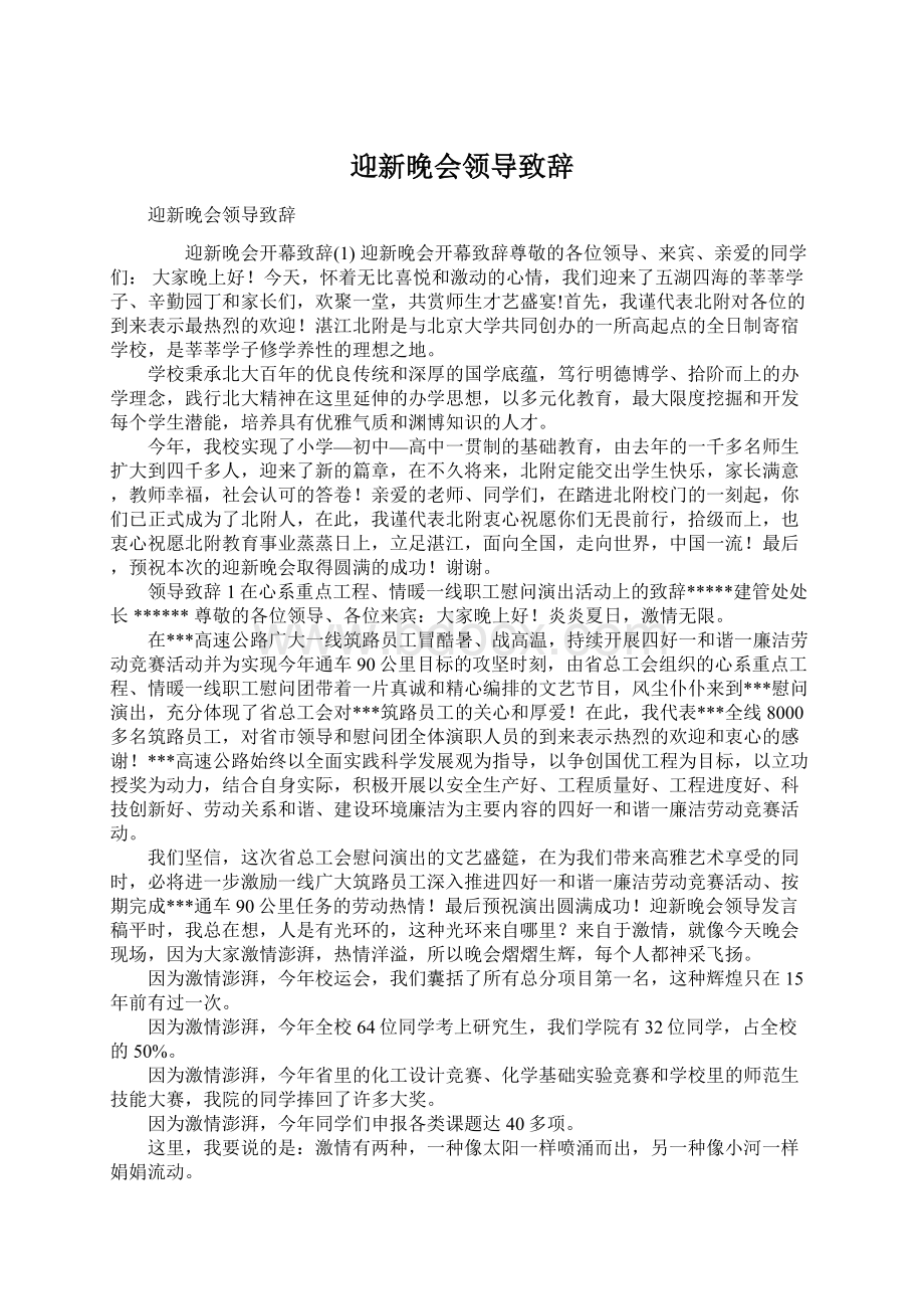 迎新晚会领导致辞Word文档下载推荐.docx