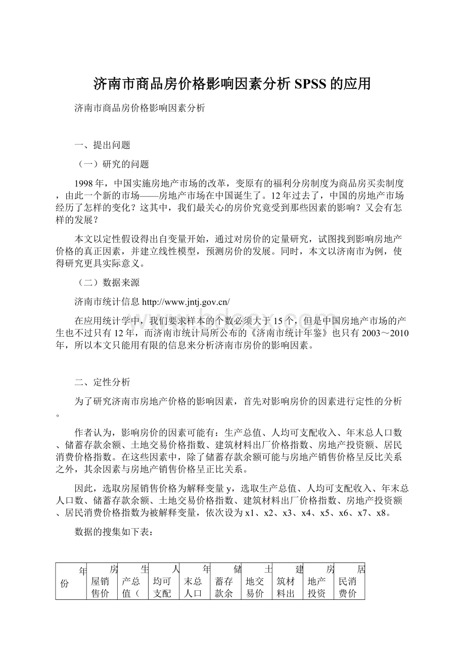 济南市商品房价格影响因素分析SPSS的应用Word文档格式.docx