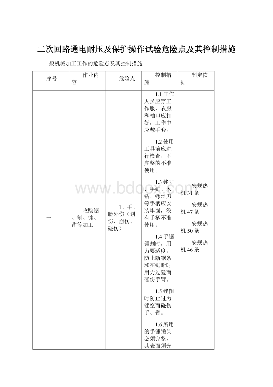 二次回路通电耐压及保护操作试验危险点及其控制措施文档格式.docx_第1页