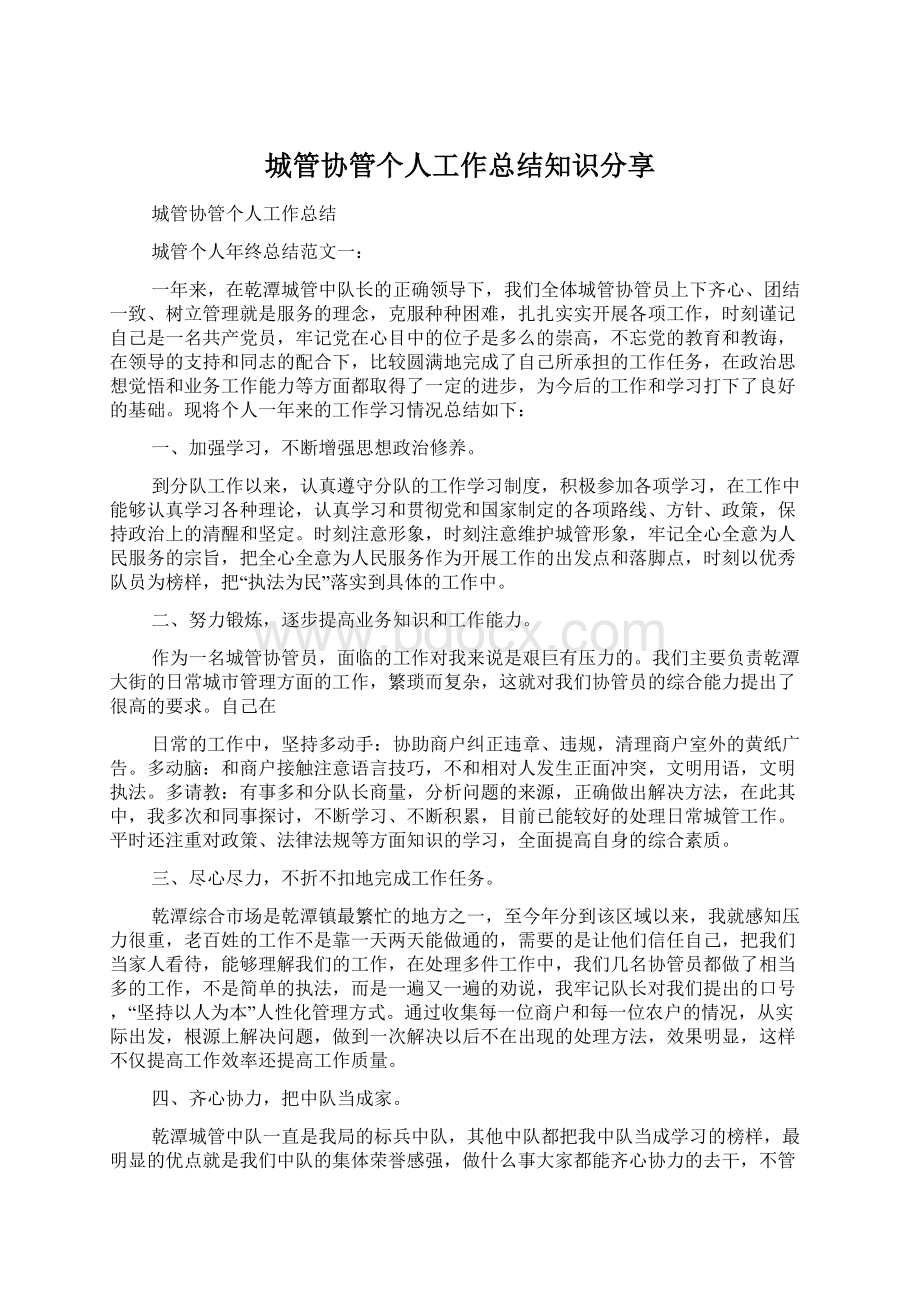 城管协管个人工作总结知识分享Word文档格式.docx