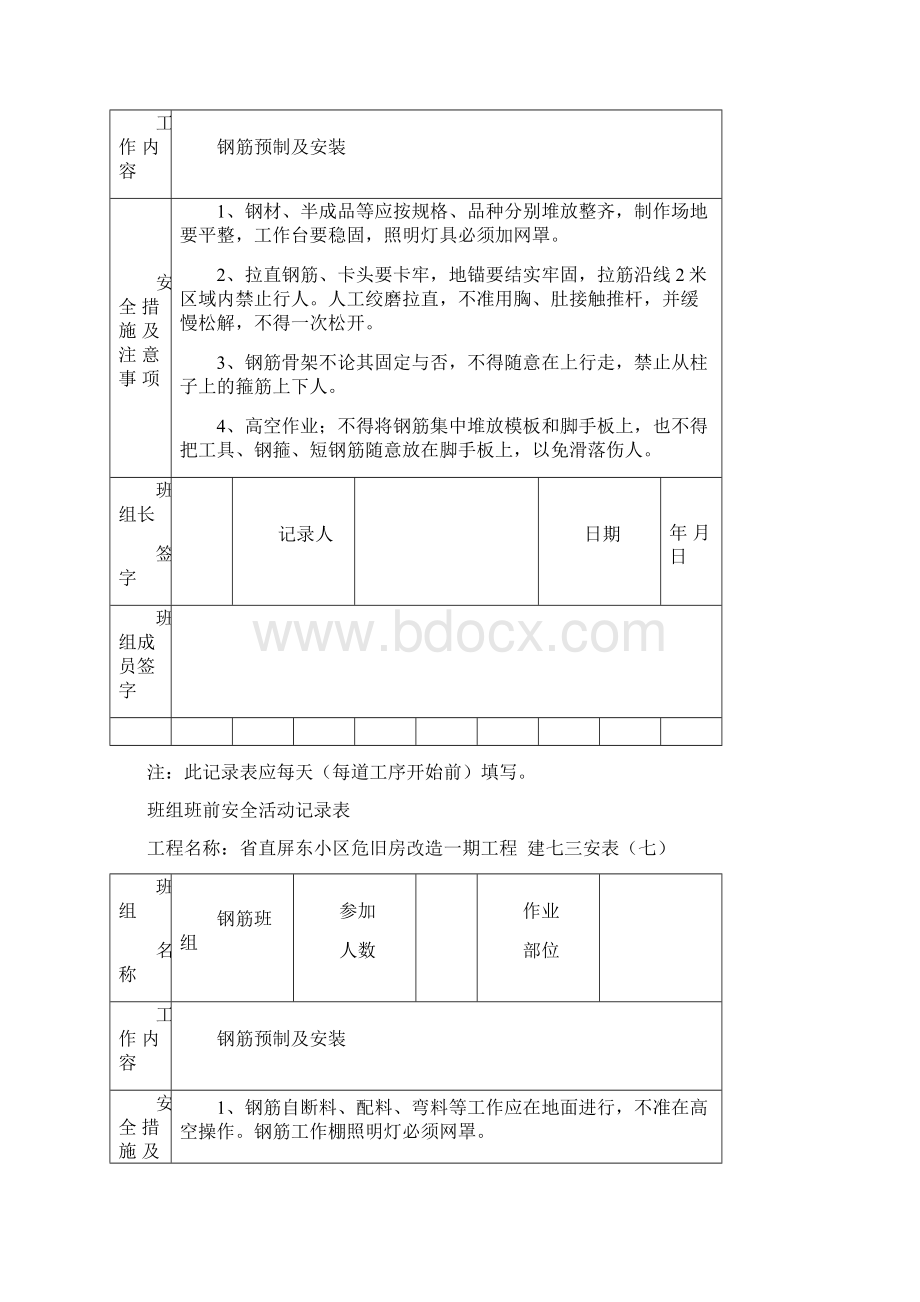 班组班前安全活动记录表钢筋文档格式.docx_第3页