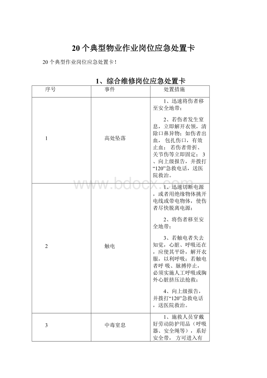 20个典型物业作业岗位应急处置卡Word格式.docx_第1页