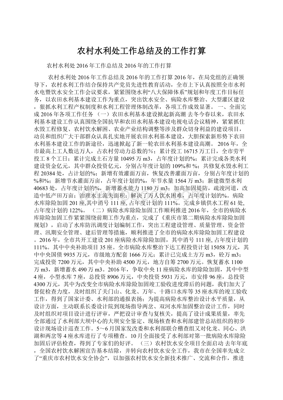 农村水利处工作总结及的工作打算Word文件下载.docx