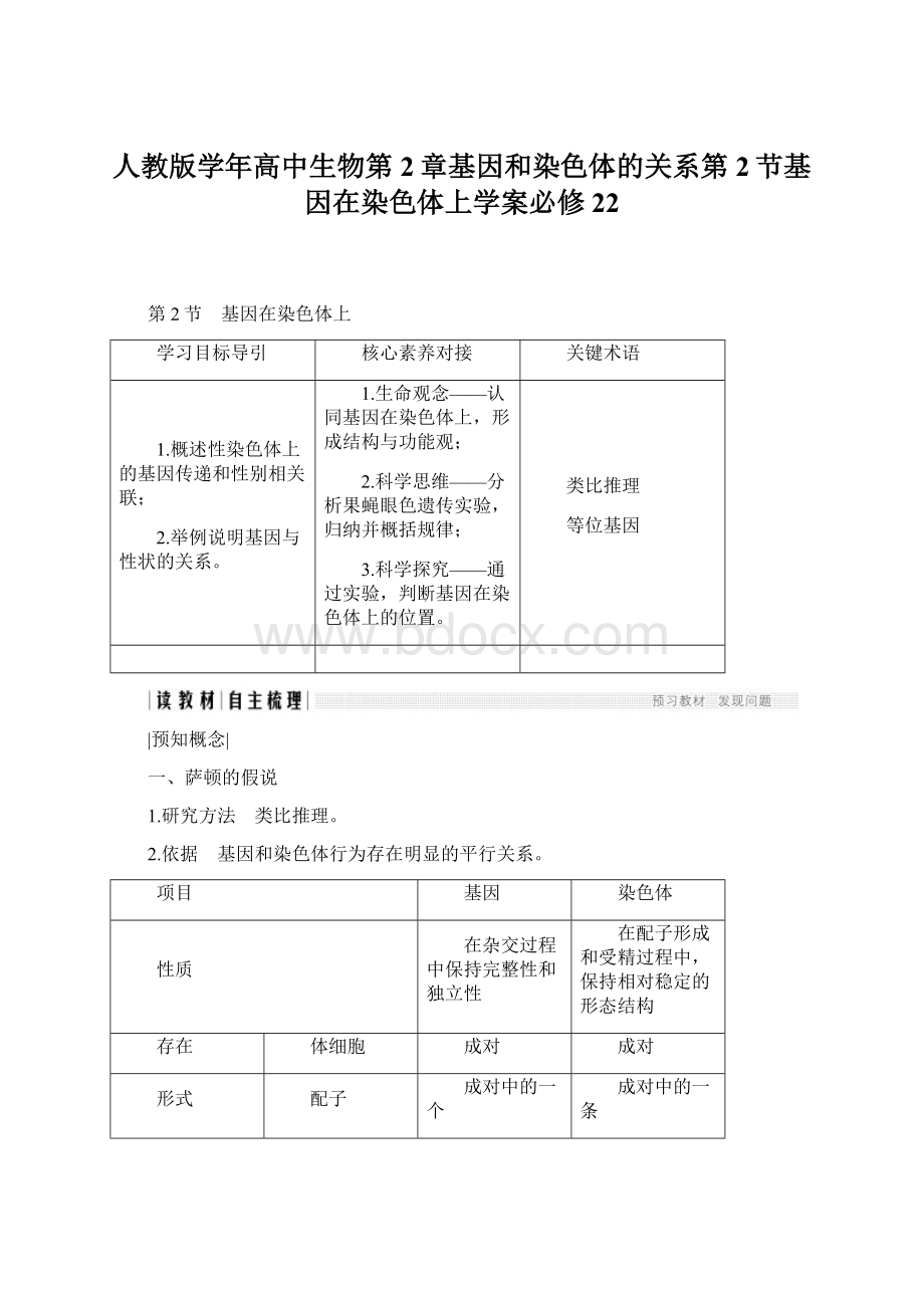 人教版学年高中生物第2章基因和染色体的关系第2节基因在染色体上学案必修22.docx