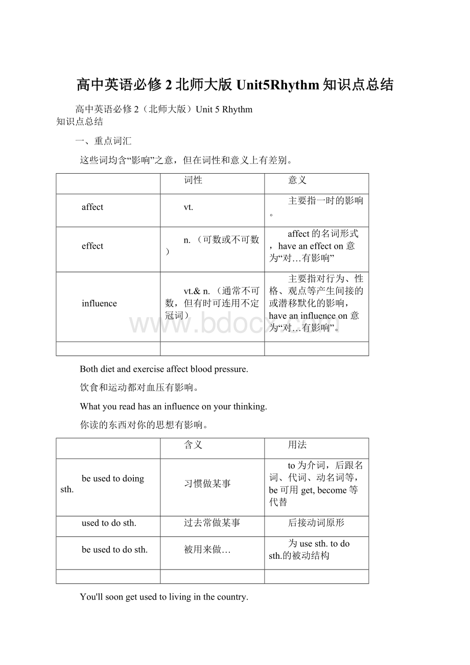 高中英语必修2北师大版Unit5Rhythm知识点总结.docx