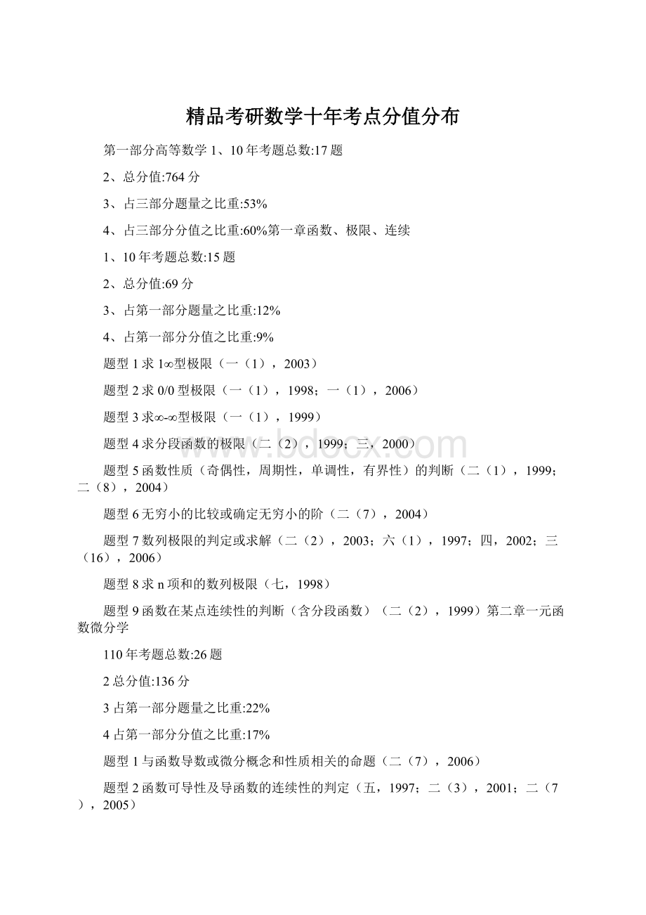 精品考研数学十年考点分值分布Word文档格式.docx