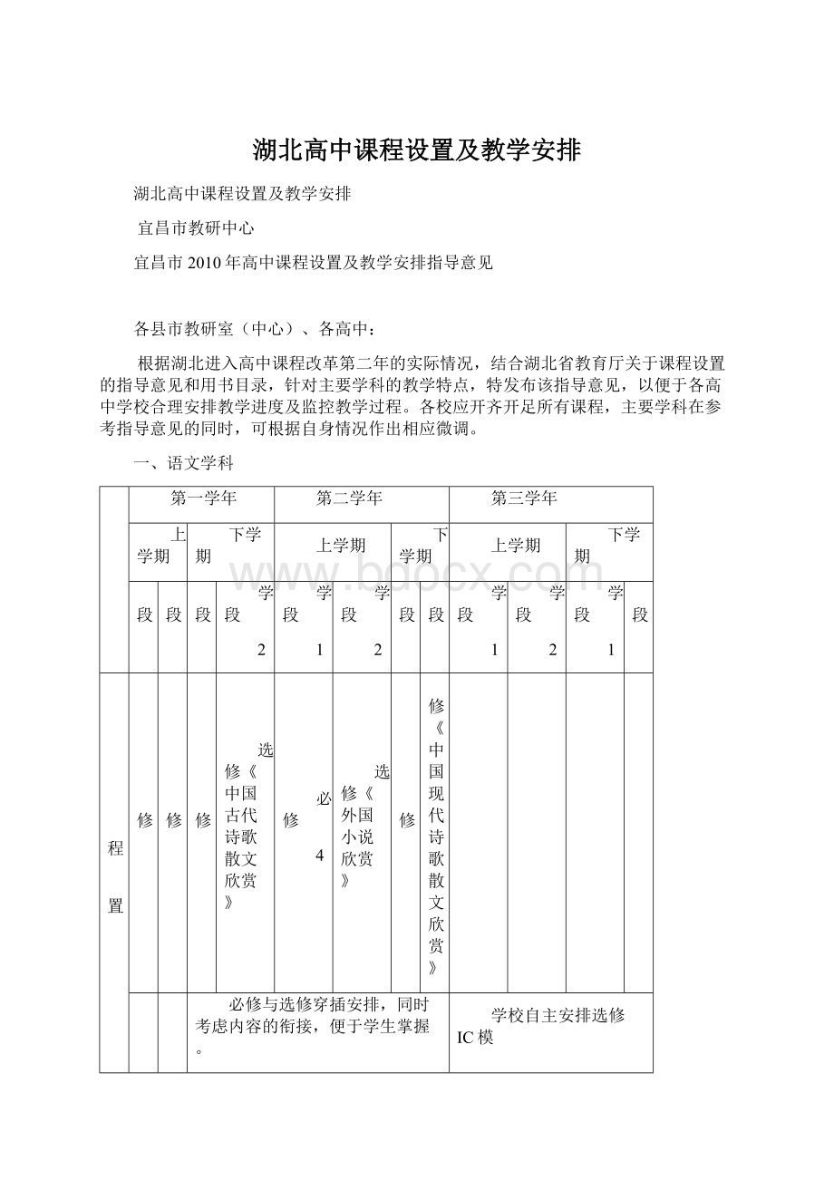 湖北高中课程设置及教学安排.docx_第1页