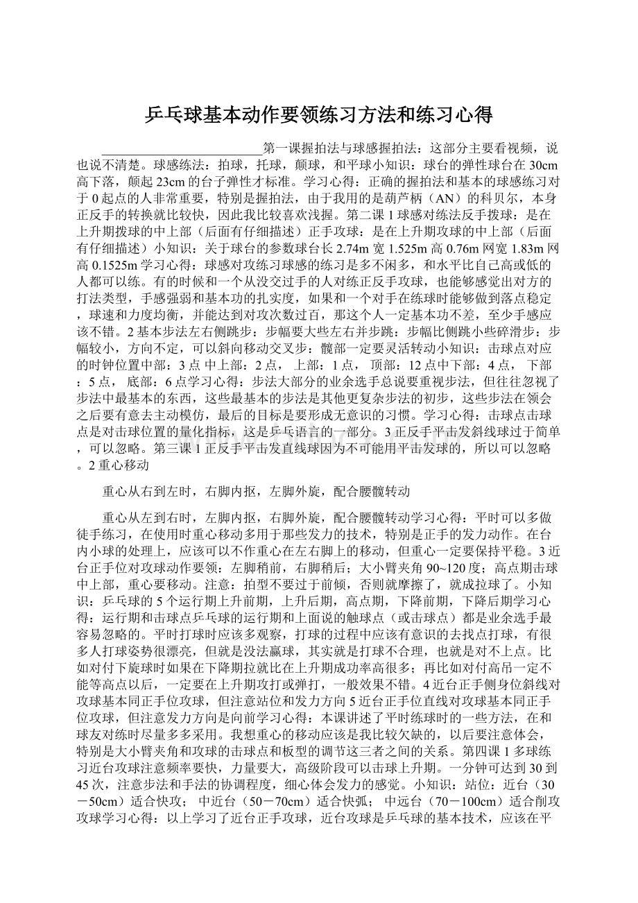 乒乓球基本动作要领练习方法和练习心得.docx_第1页