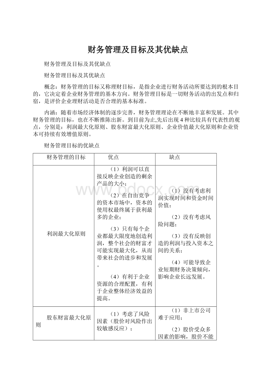 财务管理及目标及其优缺点Word格式文档下载.docx_第1页