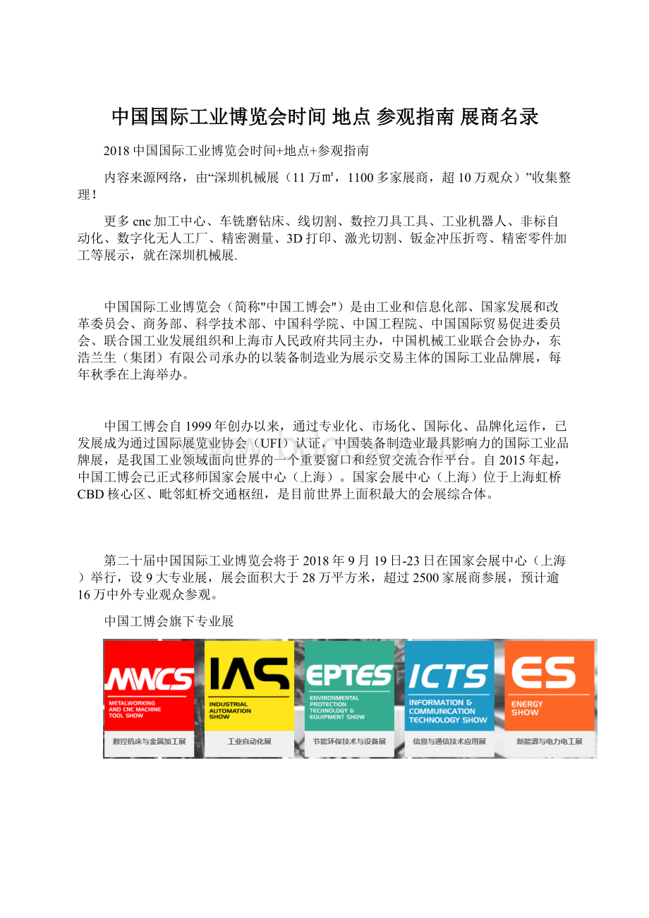 中国国际工业博览会时间 地点 参观指南 展商名录文档格式.docx